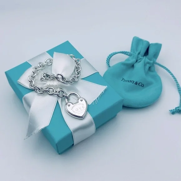 Return to Tiffany & Love Heart Padlock Bracelet in Silver with Packaging